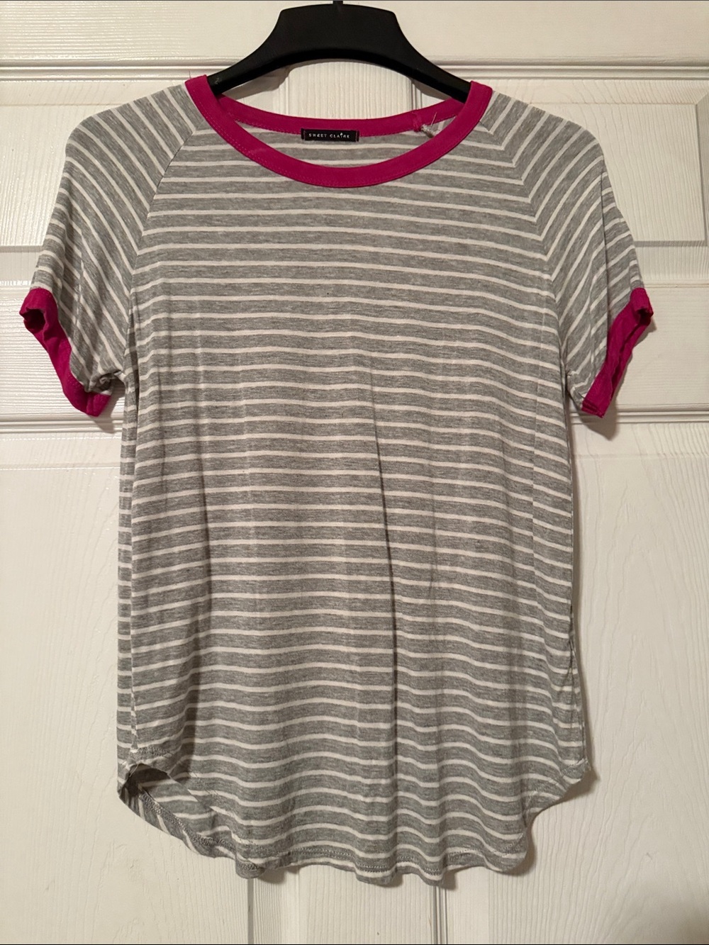 Sweet Claire Gray & White Striped Tee with Pink Trim